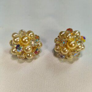 1950's Pearl Bead and Aurora Borealis Crystal Cluster Clip Earrings by Lisner
